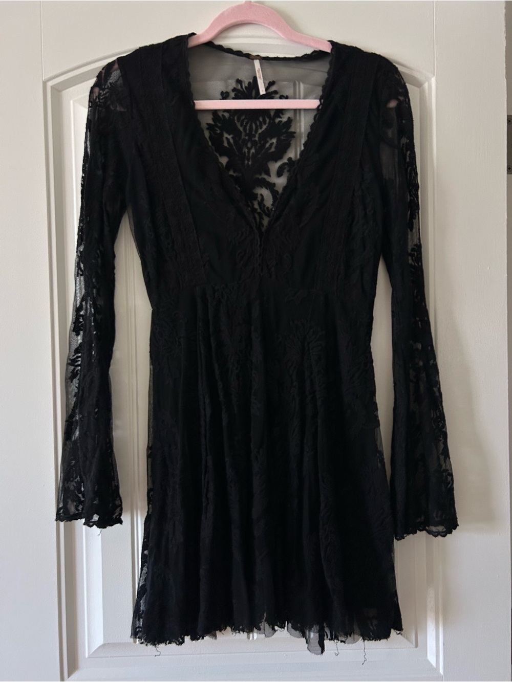 Free People Black Lace Long-Sleeve V-Neck Mini Dress